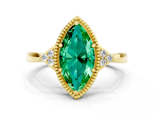Yellow gold Marquise Cut Emerald Halo Ring with Tapered Band and Four-Prong Setting