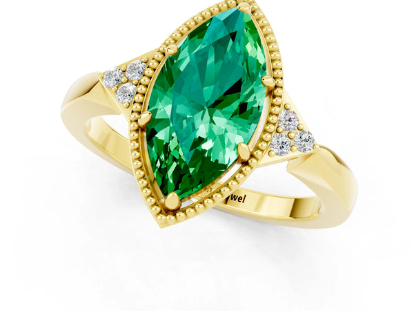 Yellow gold Marquise Cut Emerald Halo Ring with Tapered Band and Four-Prong Setting