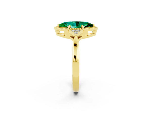 Yellow gold Marquise Cut Emerald Halo Ring with Tapered Band and Four-Prong Setting