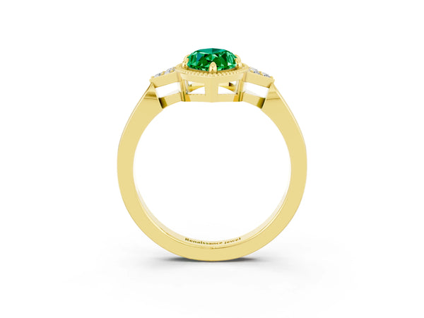 Yellow gold Marquise Cut Emerald Halo Ring with Tapered Band and Four-Prong Setting