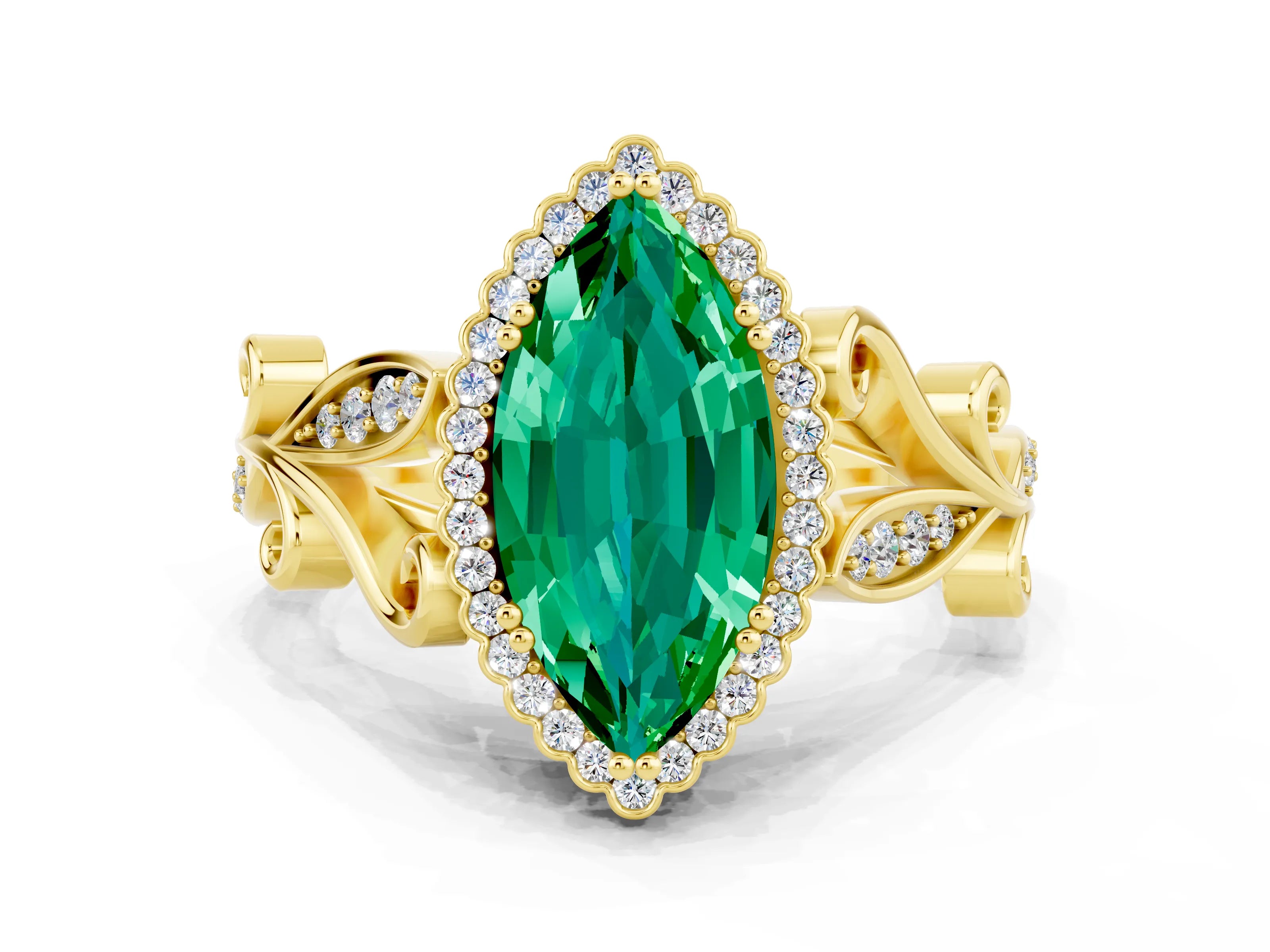 Yellow gold Marquise Cut Emerald Halo Ring with Vintage Split Shank and Four-Prong Setting