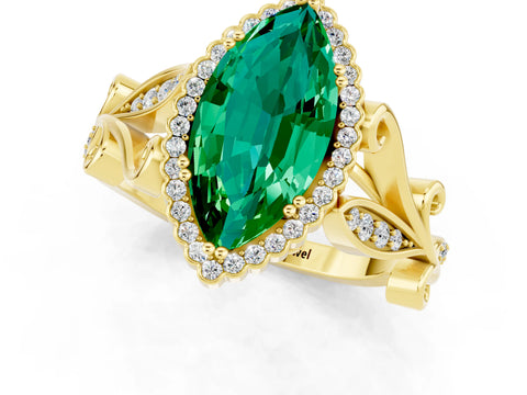 Yellow gold Marquise Cut Emerald Halo Ring with Vintage Split Shank and Four-Prong Setting_1