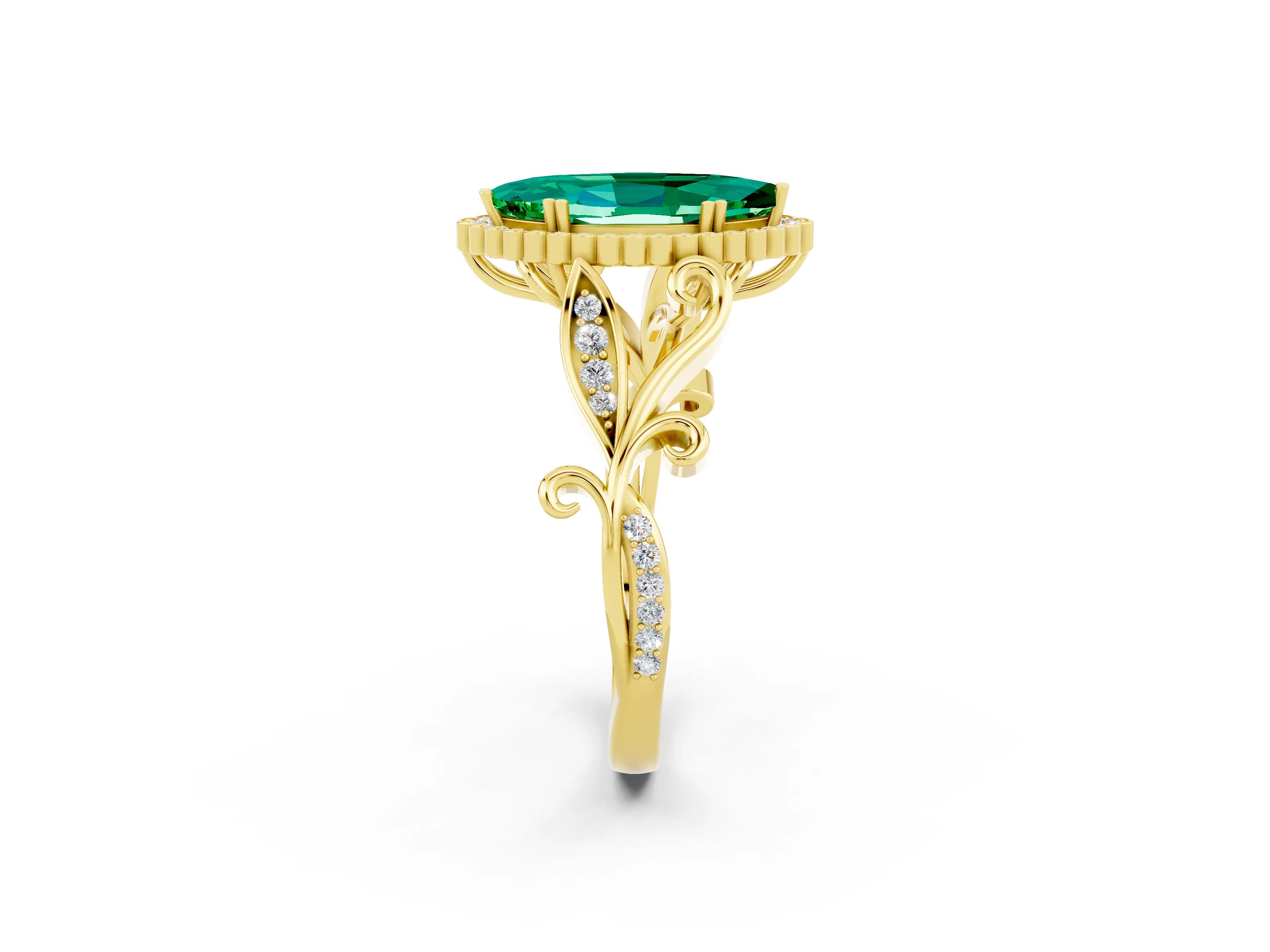 Yellow gold Marquise Cut Emerald Halo Ring with Vintage Split Shank and Four-Prong Setting_2