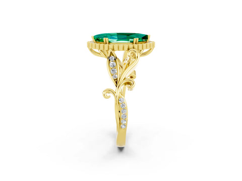 Yellow gold Marquise Cut Emerald Halo Ring with Vintage Split Shank and Four-Prong Setting_2