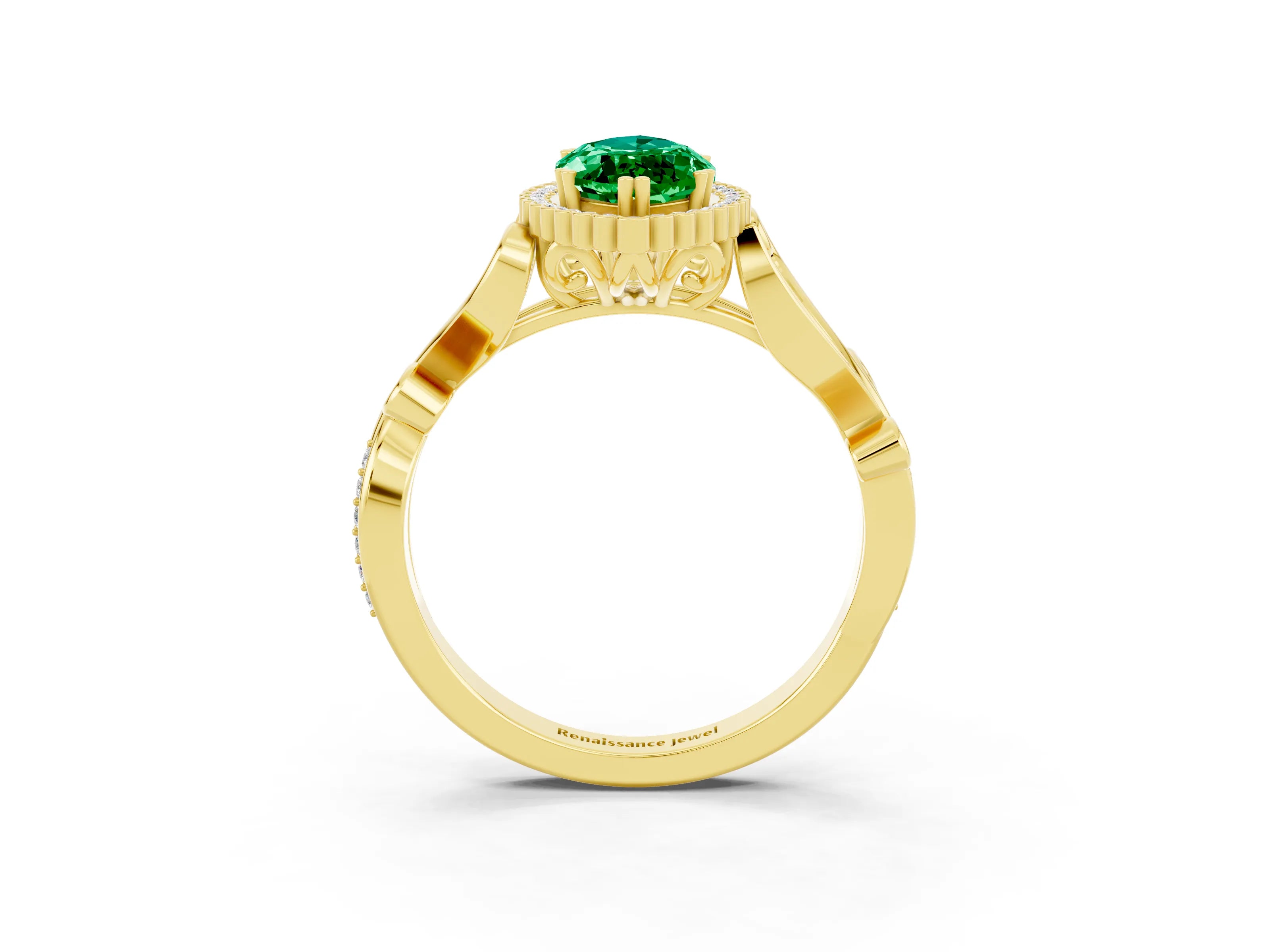 Yellow gold Marquise Cut Emerald Halo Ring with Vintage Split Shank and Four-Prong Setting_3