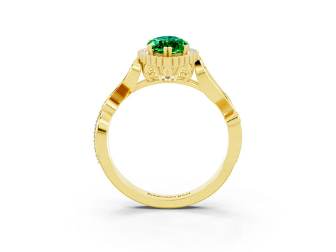 Yellow gold Marquise Cut Emerald Halo Ring with Vintage Split Shank and Four-Prong Setting_3
