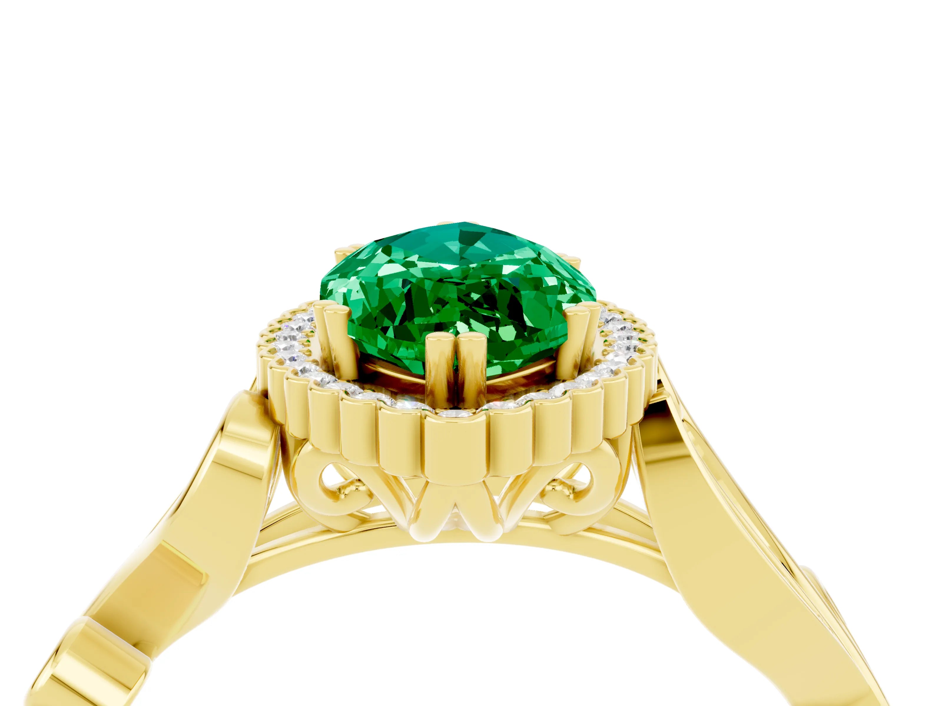 Yellow gold Marquise Cut Emerald Halo Ring with Vintage Split Shank and Four-Prong Setting_4