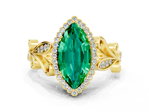 Yellow gold Marquise Cut Emerald Halo Ring with Vintage Split Shank and Four-Prong Setting