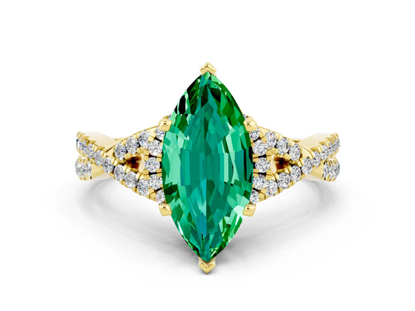 Yellow gold Marquise Cut Emerald  Halo Twist Band Solitaire Prong Setting Ring