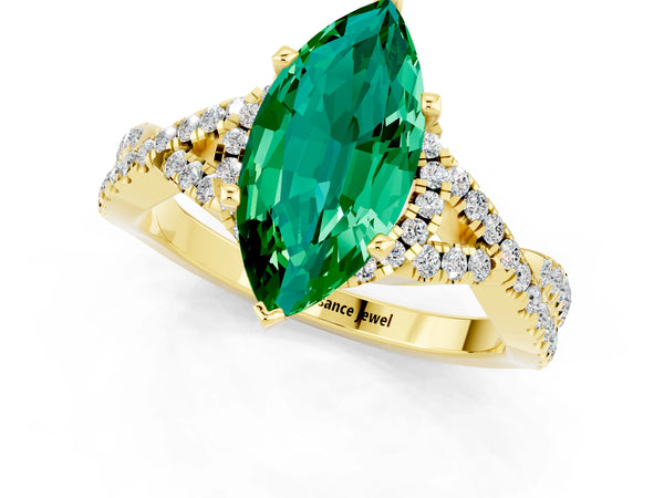 Yellow gold Marquise Cut Emerald  Halo Twist Band Solitaire Prong Setting Ring