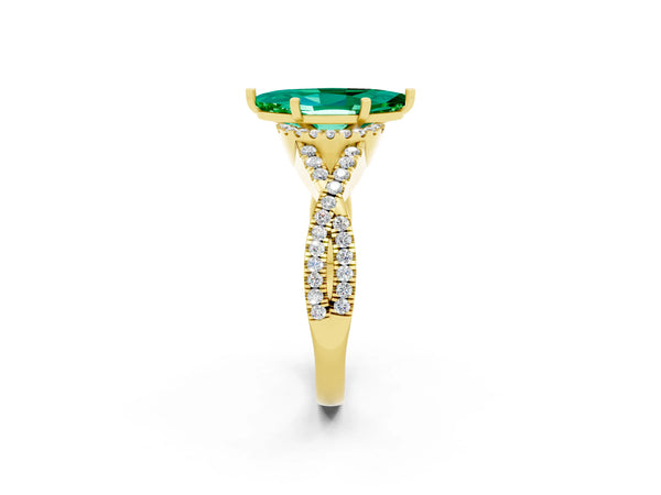 Yellow gold Marquise Cut Emerald  Halo Twist Band Solitaire Prong Setting Ring