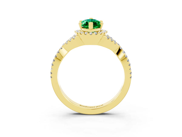 Yellow gold Marquise Cut Emerald  Halo Twist Band Solitaire Prong Setting Ring