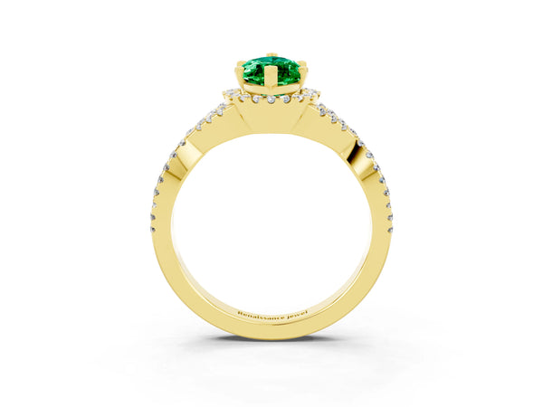 Yellow gold Marquise Cut Emerald  Halo Twist Band Solitaire Prong Setting Ring