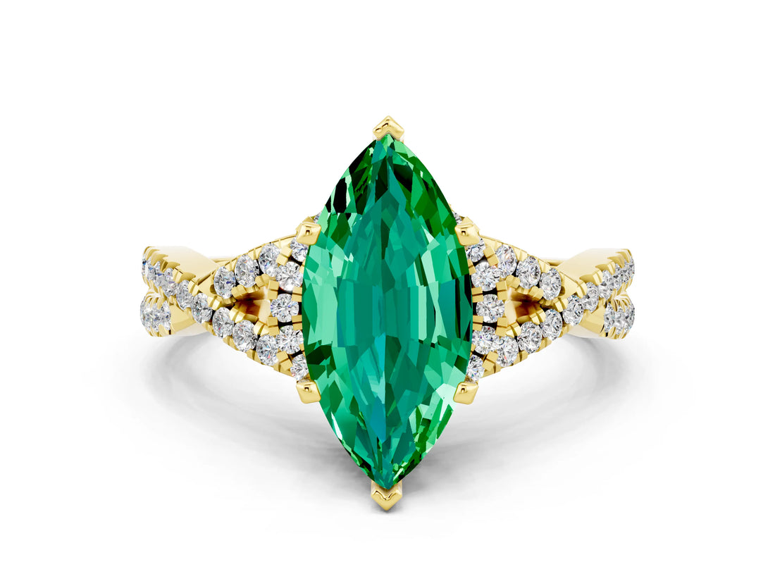 Yellow gold Marquise Cut Emerald  Halo Twist Band Solitaire Prong Setting Ring_42