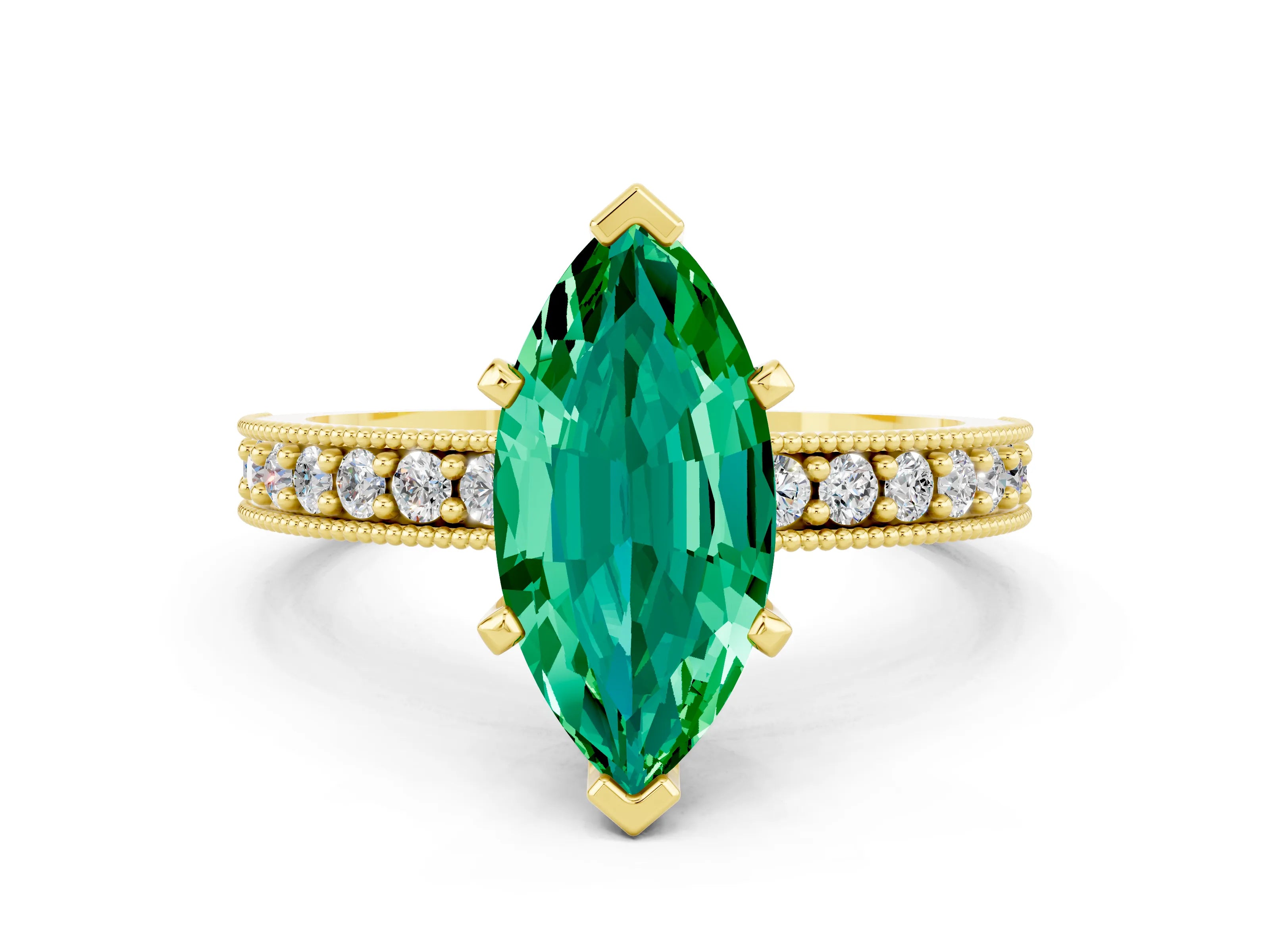 Yellow gold Marquise Cut Emerald Milgrain Pavé Engagement Ring with Four-Prong Setting