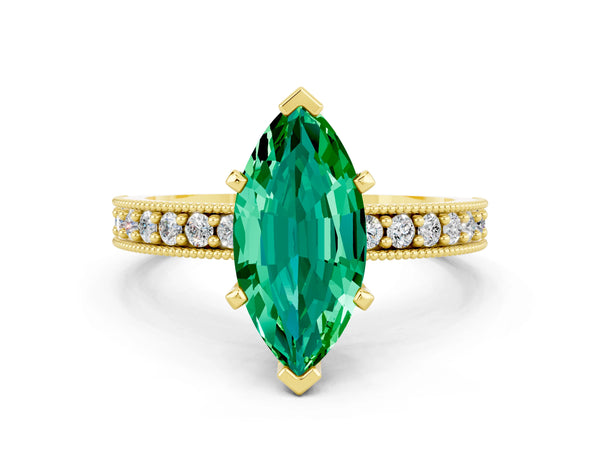 Yellow gold Marquise Cut Emerald Milgrain Pavé Engagement Ring with Four-Prong Setting