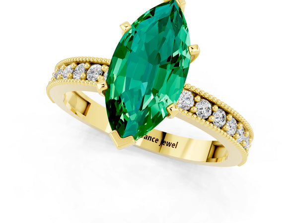 Yellow gold Marquise Cut Emerald Milgrain Pavé Engagement Ring with Four-Prong Setting