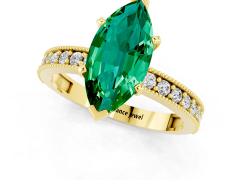 Yellow gold Marquise Cut Emerald Milgrain Pavé Engagement Ring with Four-Prong Setting_1