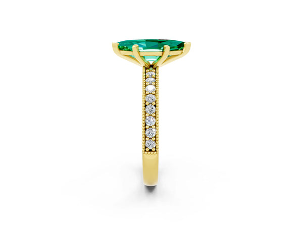 Yellow gold Marquise Cut Emerald Milgrain Pavé Engagement Ring with Four-Prong Setting