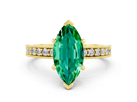 Yellow gold Marquise Cut Emerald Milgrain Pavé Engagement Ring with Four-Prong Setting