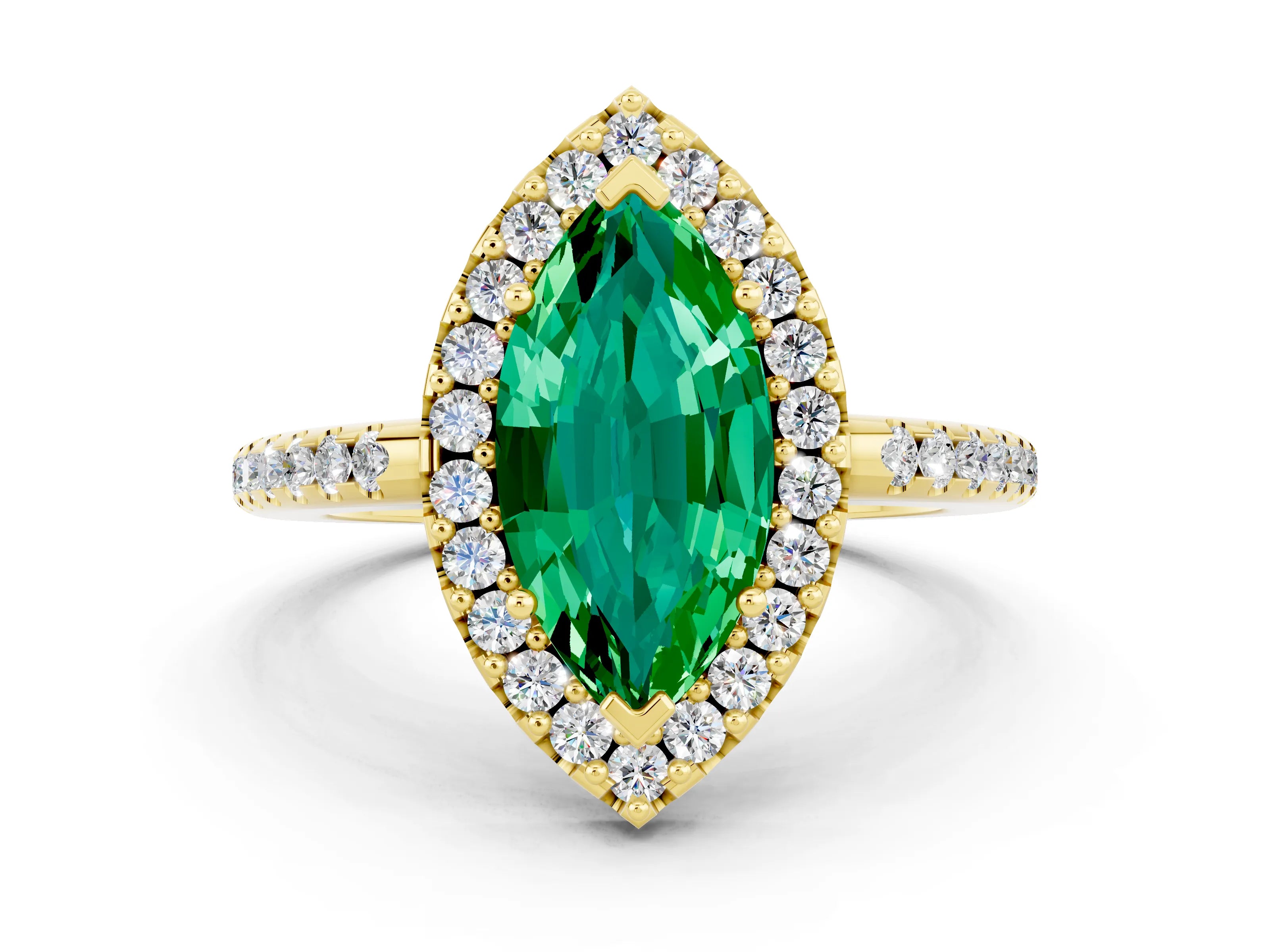Yellow gold Marquise Cut Emerald Pavé Halo Ring with Four-Prong Setting_12