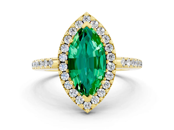 Yellow gold Marquise Cut Emerald Pavé Halo Ring with Four-Prong Setting