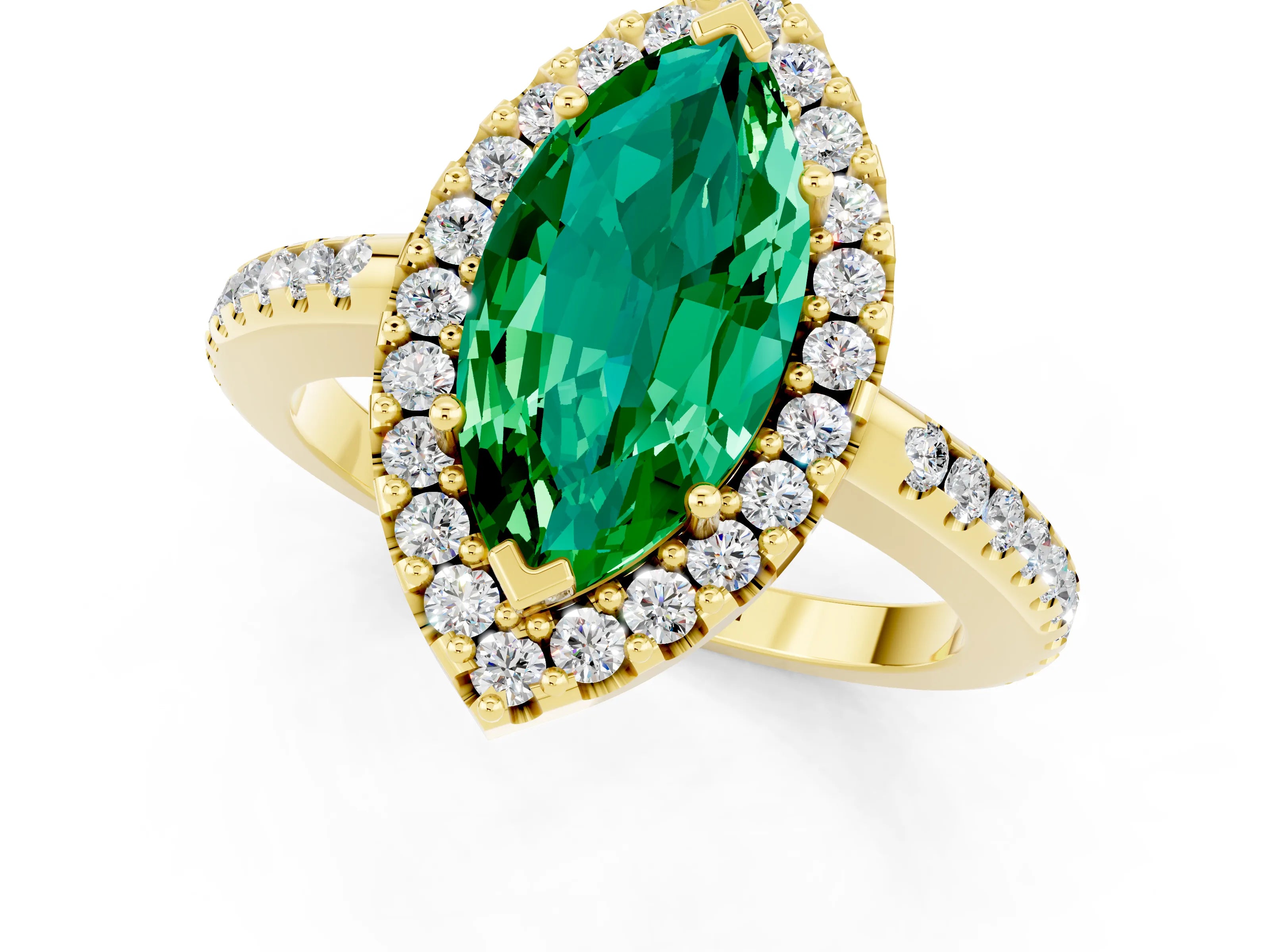 Yellow gold Marquise Cut Emerald Pavé Halo Ring with Four-Prong Setting_13