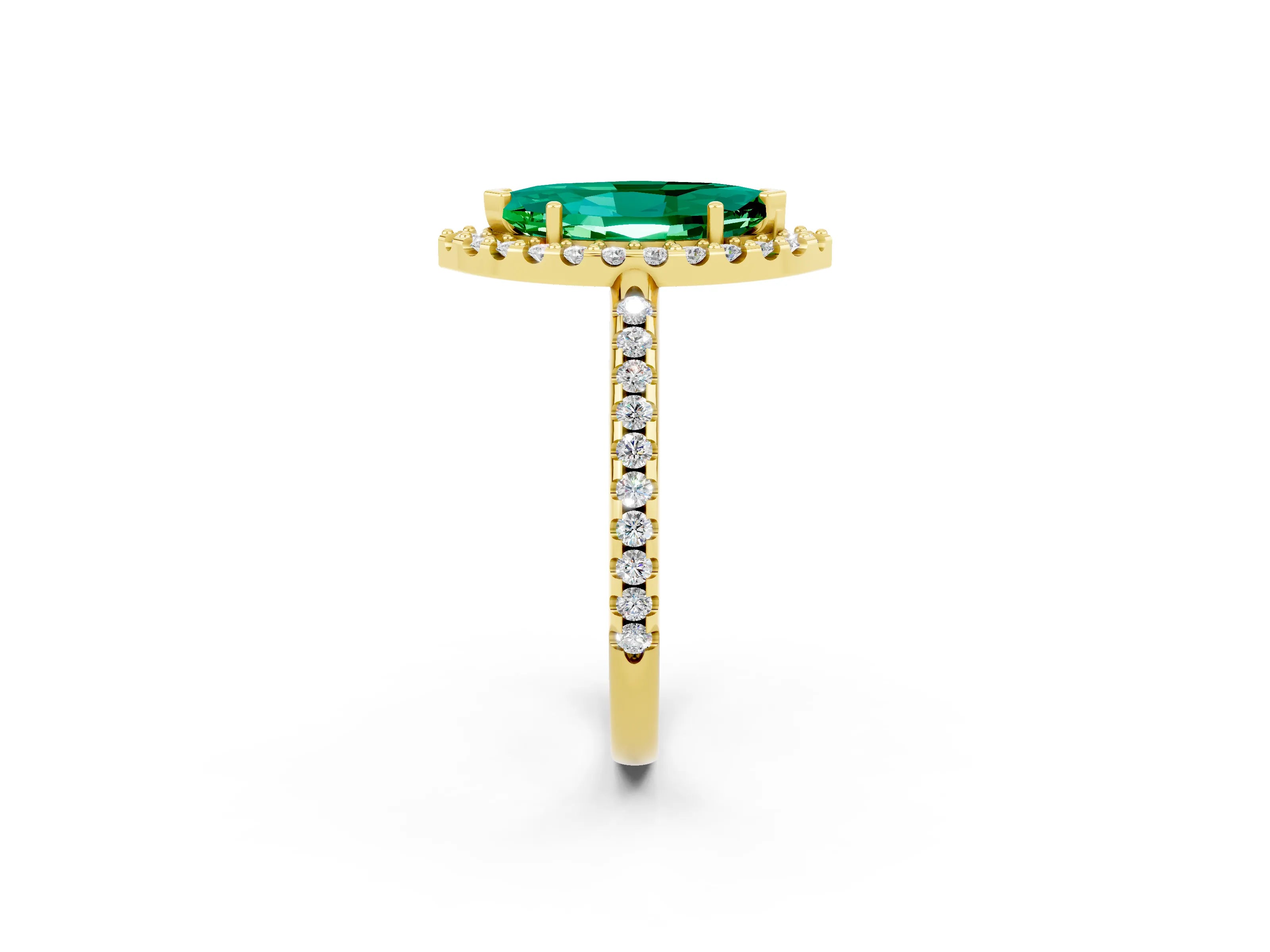 Yellow gold Marquise Cut Emerald Pavé Halo Ring with Four-Prong Setting_14