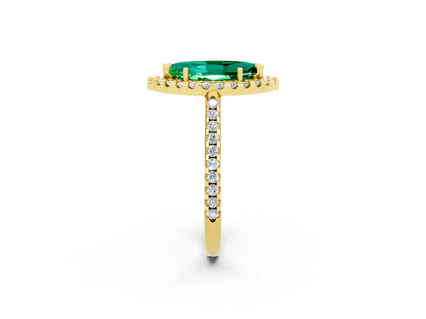 Yellow gold Marquise Cut Emerald Pavé Halo Ring with Four-Prong Setting