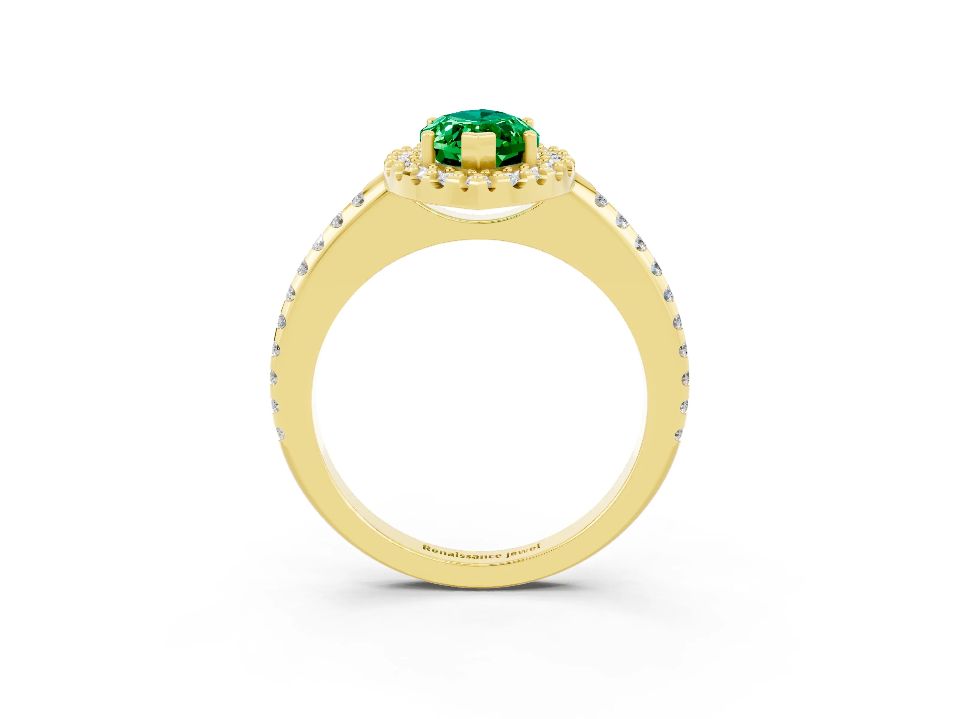 Yellow gold Marquise Cut Emerald Pavé Halo Ring with Four-Prong Setting_15