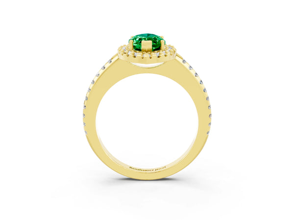 Yellow gold Marquise Cut Emerald Pavé Halo Ring with Four-Prong Setting