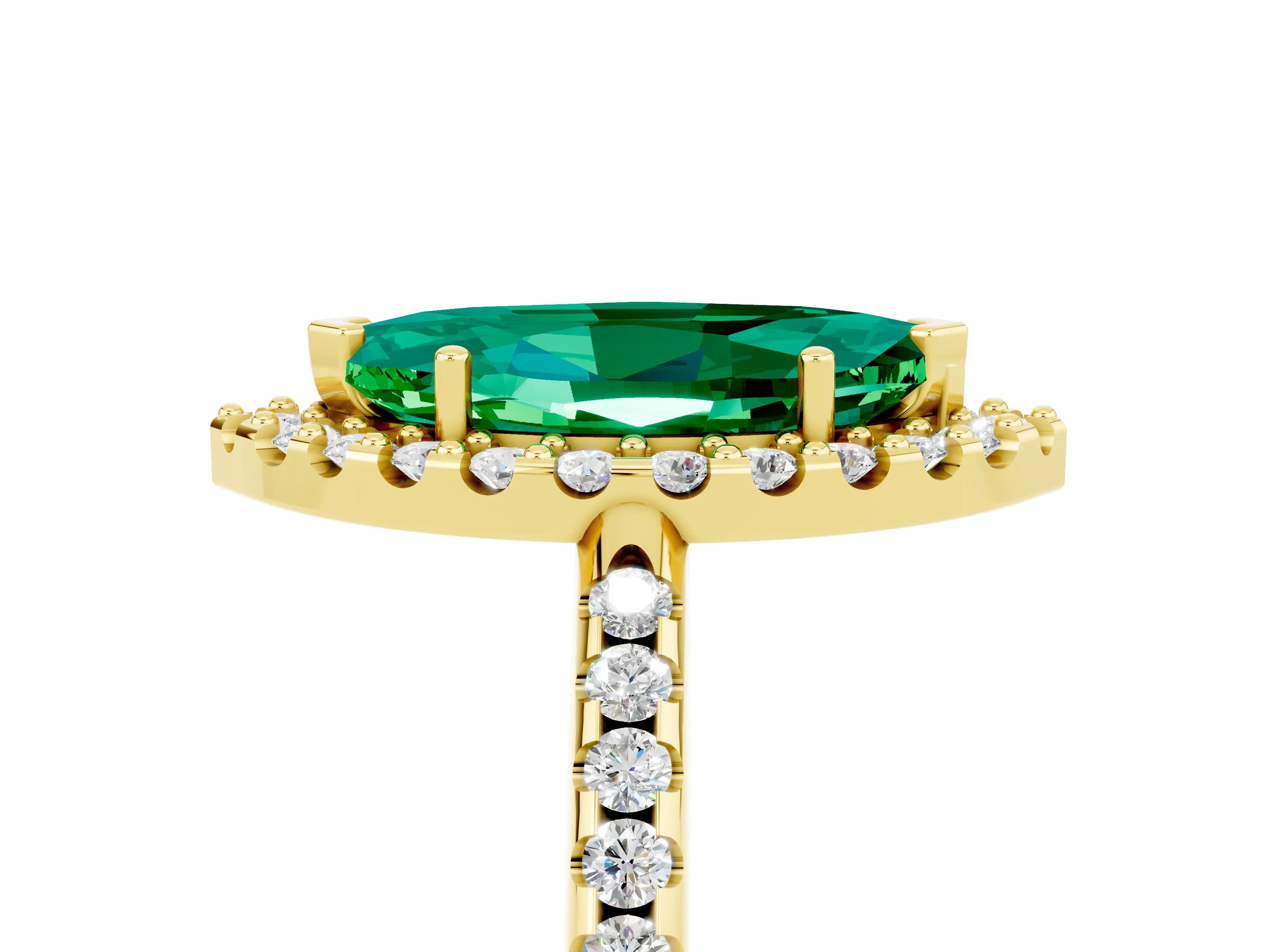 Yellow gold Marquise Cut Emerald Pavé Halo Ring with Four-Prong Setting_17