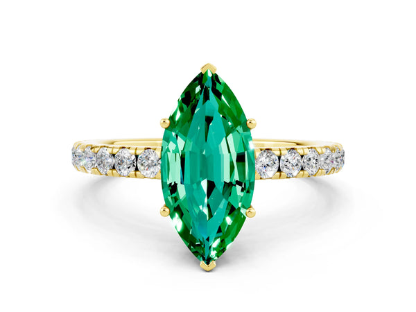 Yellow gold Marquise Cut Emerald Pavé Solitaire Engagement Ring with Four-Prong Setting