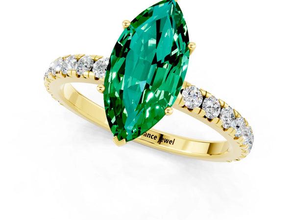 Yellow gold Marquise Cut Emerald Pavé Solitaire Engagement Ring with Four-Prong Setting