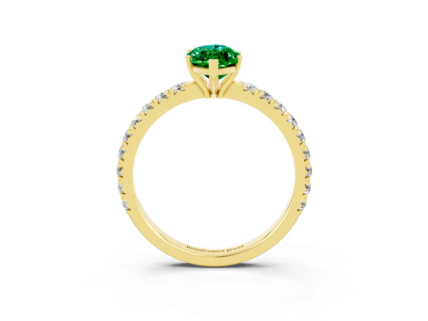 Yellow gold Marquise Cut Emerald Pavé Solitaire Engagement Ring with Four-Prong Setting