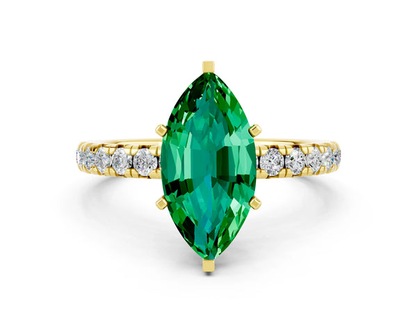 Yellow gold Marquise Cut Emerald Pavé Solitaire Ring with Round Band and Prong Setting