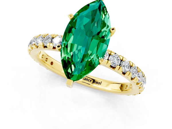 Yellow gold Marquise Cut Emerald Pavé Solitaire Ring with Round Band and Prong Setting