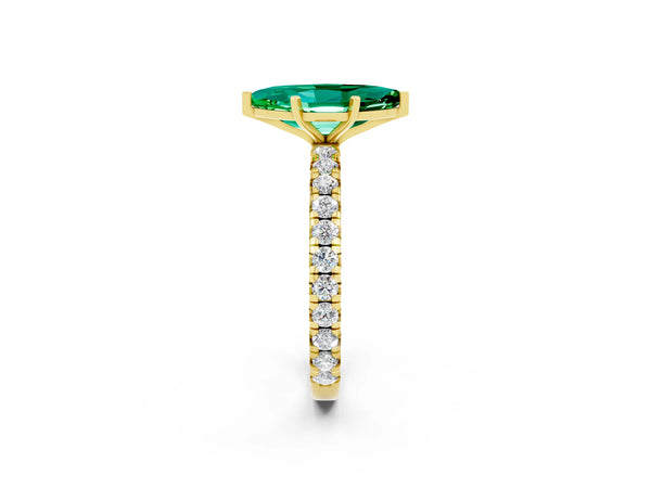 Yellow gold Marquise Cut Emerald Pavé Solitaire Ring with Round Band and Prong Setting
