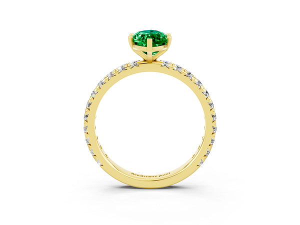 Yellow gold Marquise Cut Emerald Pavé Solitaire Ring with Round Band and Prong Setting