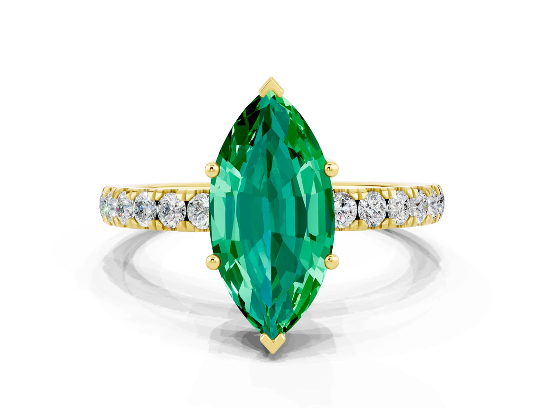 Yellow gold Marquise Cut Emerald Pave Band Solitaire Ring with Four-Prong Setting_24