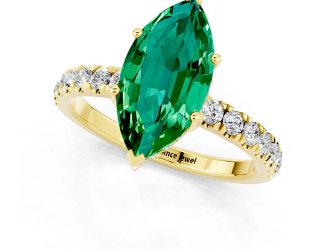 Yellow gold Marquise Cut Emerald Pave Band Solitaire Ring with Four-Prong Setting_25