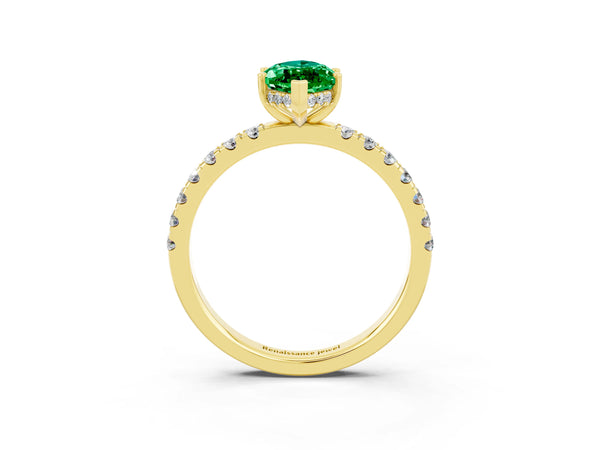 Yellow gold Marquise Cut Emerald Pave Band Solitaire Ring with Round  and Prong Setting