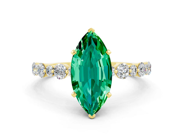 Yellow gold Marquise Cut Emerald Prong Set Engagement Ring with Pavé Band