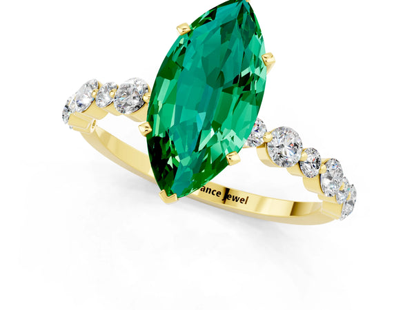 Yellow gold Marquise Cut Emerald Prong Set Engagement Ring with Pavé Band