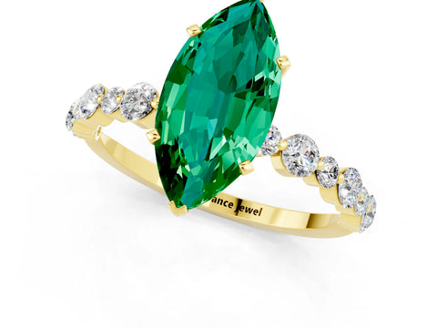 Yellow gold Marquise Cut Emerald Prong Set Engagement Ring with Pavé Band_1