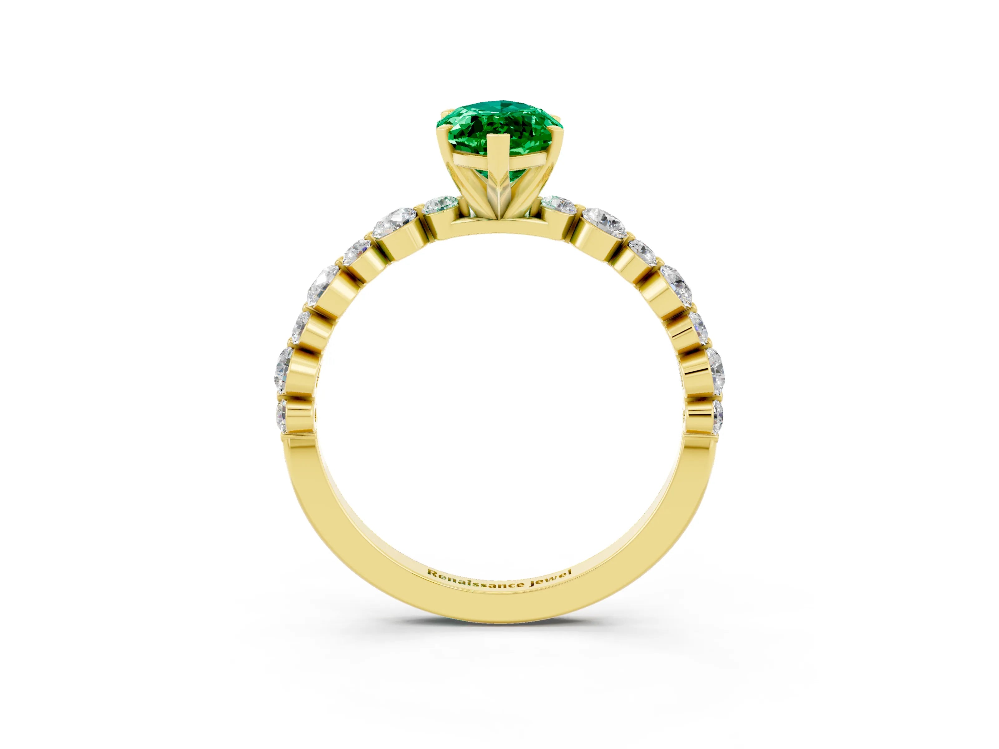 Yellow gold Marquise Cut Emerald Prong Set Engagement Ring with Pavé Band_3
