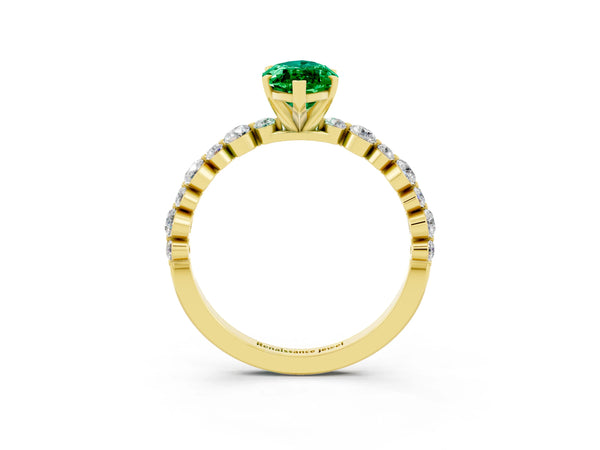 Yellow gold Marquise Cut Emerald Prong Set Engagement Ring with Pavé Band