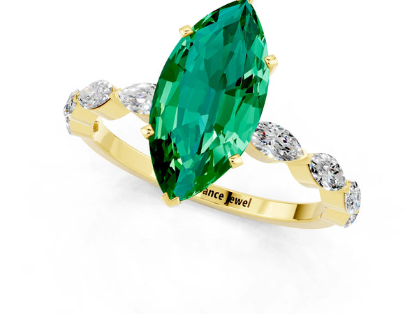 Yellow gold Marquise Cut Emerald Ring with Marquise Side Stones and Prong Setting