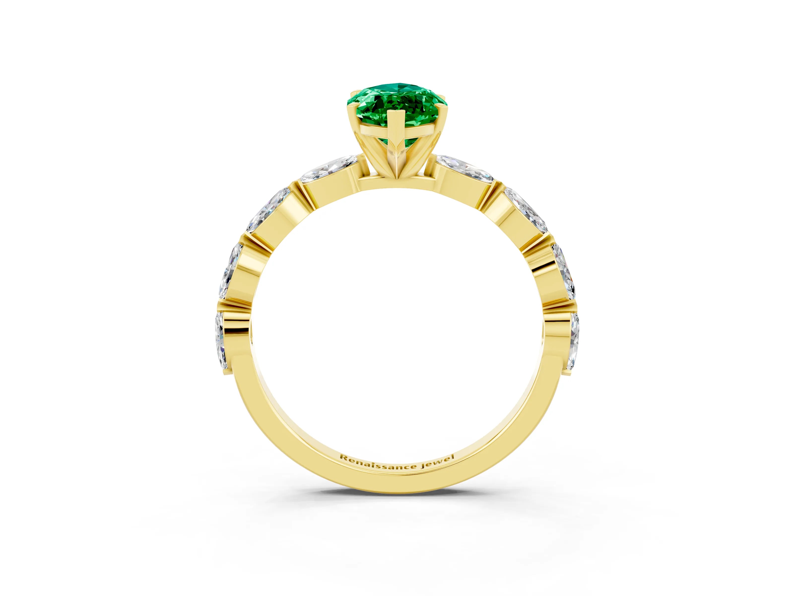 Yellow gold Marquise Cut Emerald Ring with Marquise Side Stones and Prong Setting_3