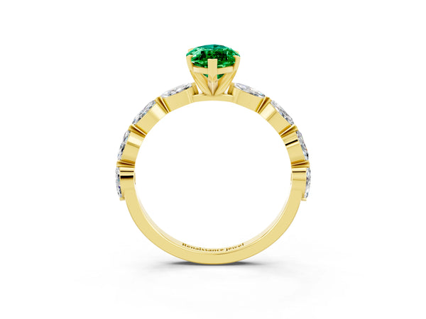 Yellow gold Marquise Cut Emerald Ring with Marquise Side Stones and Prong Setting